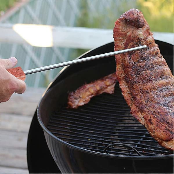 2 stk kjøttkrok i rustfritt stål med trehåndtak, grillkrok, matvender