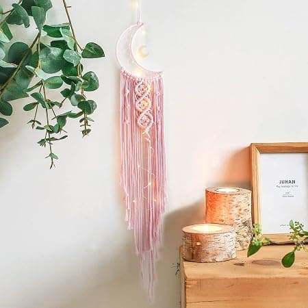 Rosa Måne Drömfångare med Ljus, Rumsinredning, Boho Inredning, Vägg