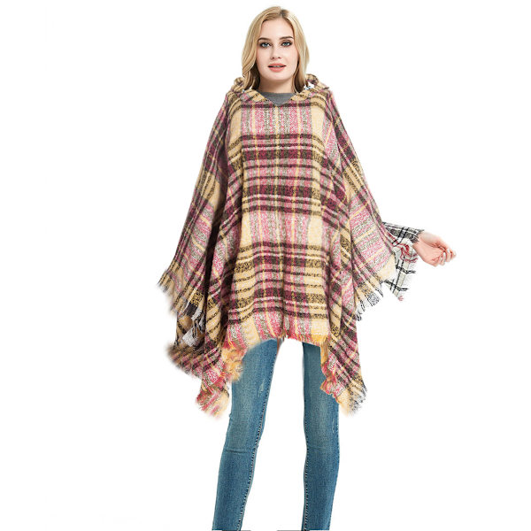 Dame Plaid Hetteskjerf Kappe Teppe Poncho Hetteskjerf