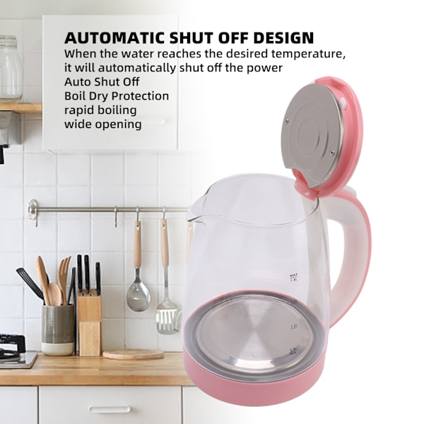 1800W Elektrisk Vandkoger 2L Varmt Vandkeddel Bred Åbning Glas Tekande Automatisk Afbrydelse Tørkogningsbeskyttelse EU Stik 220V Pink