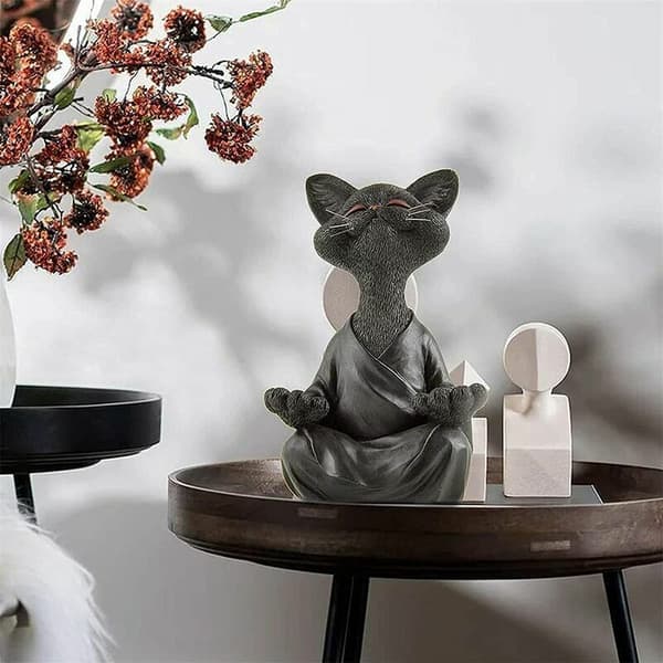 (12x12x18cm-Grå) Katte Buddha Statue - Glad Katte Buddha, Katte Buddh