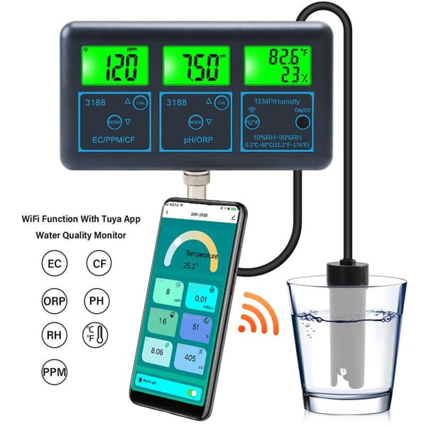 7-i-1 Multi-Parameter Vandkvalitetsmåler til Akvarier Hydroponics, Real-Time Ph, Orp, Ec, Ppm, Cf, Fugtighed og Temperaturanalyse Via App