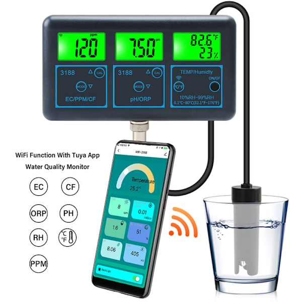 7-i-1 Multi-Parameter Vannkvalitetsmonitor for Akvarier Hydroponics, Sanntids Ph, Orp, Ec, Ppm, Cf, Luftfuktighet og Temperaturanalyse Via App