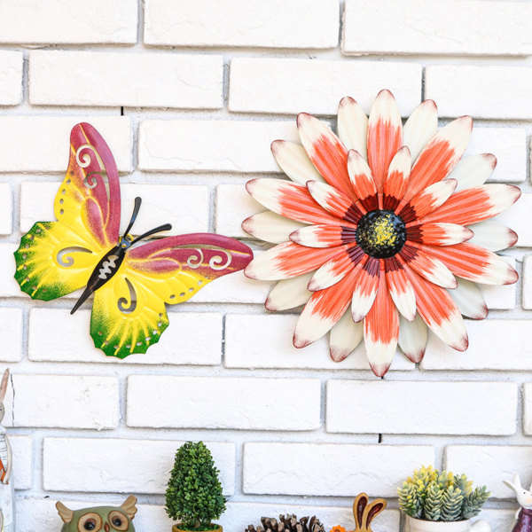 Blomma väggdekorationer i metall och väggkonst för fjärilar, 3 delar