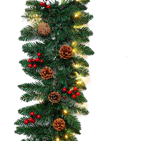 2,7 meter förbelyst julgirlang med 100 LED-lampor, 27 tallkottar, 27 röda bär, batteridriven timerfunktion, naturligt utseende julstämning