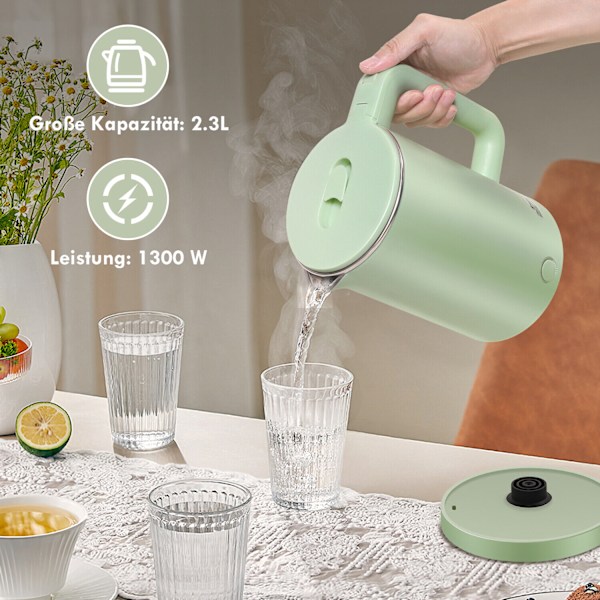 Rustfrit stål elkedel 2,3 liter køkken med kalkfilter automatisk slukning grøn
