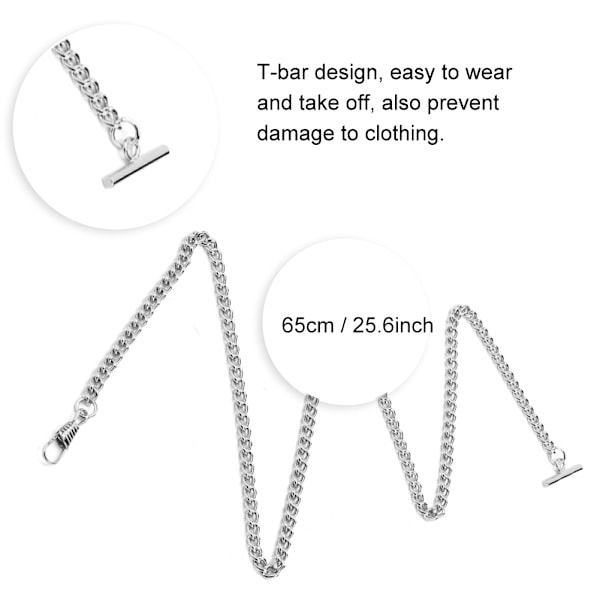 65 cm lång retro t-bar fickur kedja hänge hållare metall fickur tillbehör silver