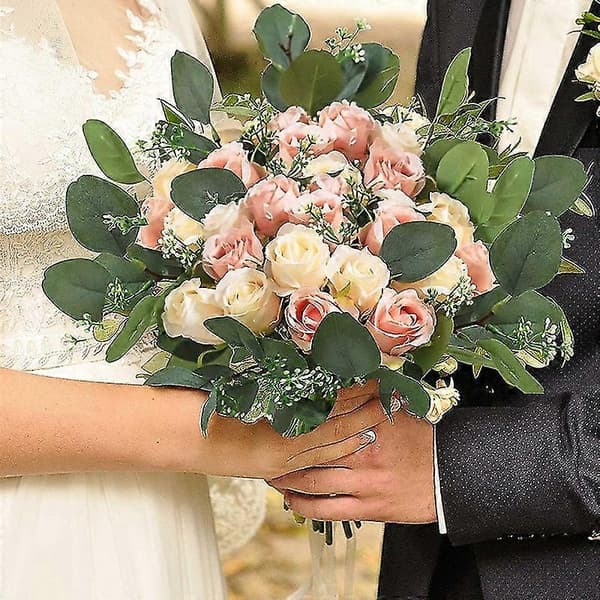 17 stk Kunstige Blomster, 12 Silkeblomster og 5 Kunstige Eucalyptusblader i Bulk, til Bryllup