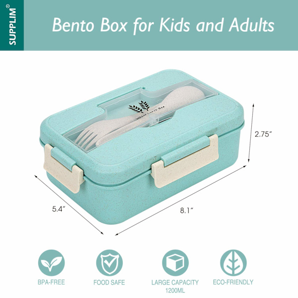 Bentoboks for barn og voksne - lunsjboks med 3 rom, hvetefiber