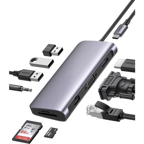 USB-C Multiport Adapter, 10 i 1 USB-C Dongle Ethernet Docking