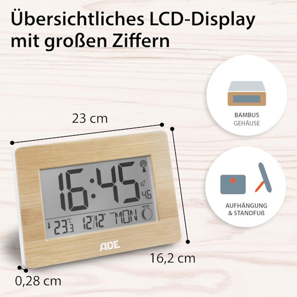 Radiostyrd digital klocka med DCF tidssignal, hölje med äkta bambu, LCD display, termometer, väckarklocka och kalender. Batteri ingår,