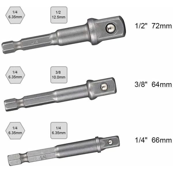 Hexagon Adapter til 1/4, 1/2, 3/8 Firkant - 3 Stk. Hex Socket Ada