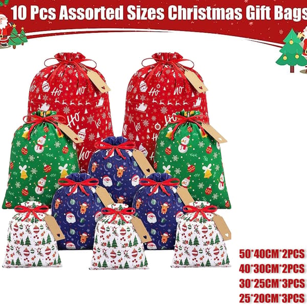 10 st Julklappspåsar med Dragsko, Julklappspåsar Blandade Storlekar Bulk, Julklappspåsar Bomullstyg Presentpåsar