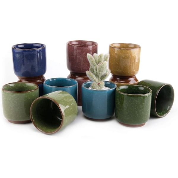 Mini glaserade krukor med krackelerad design, konstgjorda växter i keramikvaser med starka färger, högkvalitativ lerkruka för bonsai, dräneringshål för överflödigt vatten
