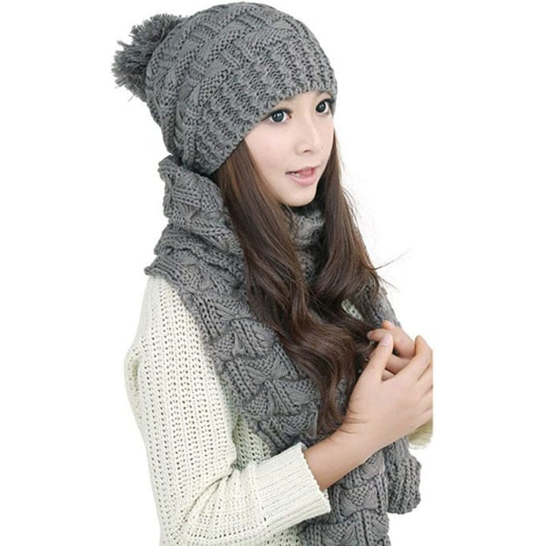 Women Winter Warm Knitted Hat Beanie And Scarf Neck Wrap Crochet