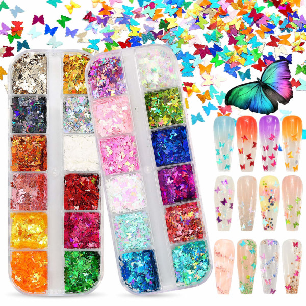 3D Holographic Butterfly Nail Glitter 24 Färger/ Set Sparkly Nail Paljetter Flake Akryl Manikyr Paljetter Ultra Tunt Face Body Glitter for Nail Art