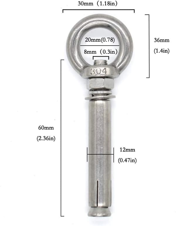 Ekspansionsbolte M8 x 100 mm Stålmanchet Øjebolt 304 Rustfrit Stål Co