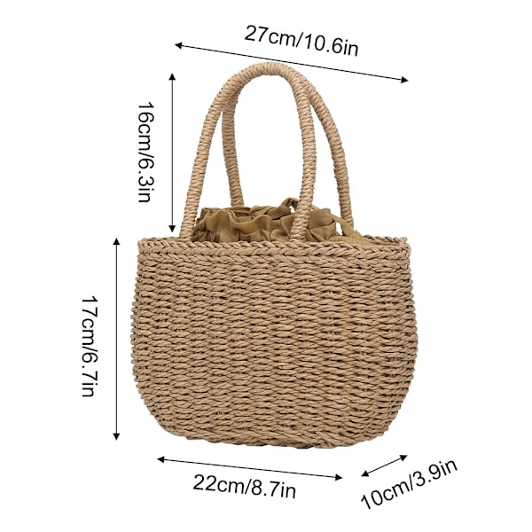 Mote-Håndveske i Straw Weave for Kvinner - Handlepose, Strandveske, Reisekurv (Khaki)