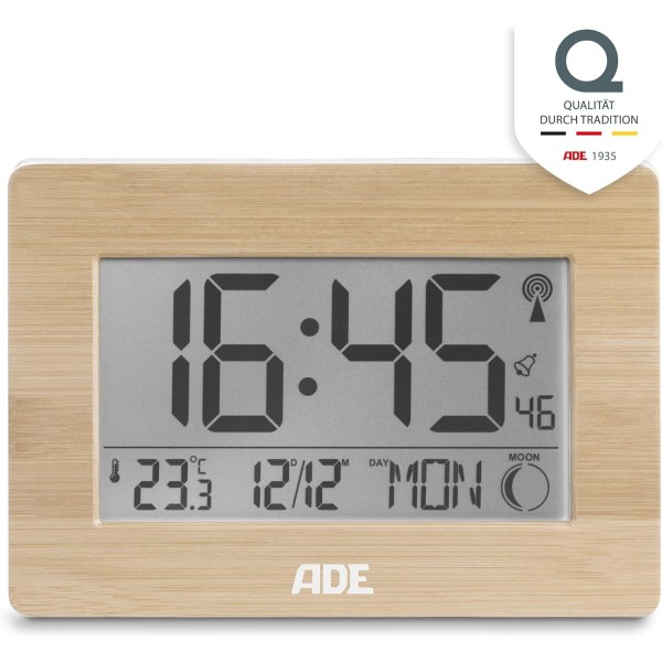 Radiostyrd digital klocka med DCF tidssignal, hölje med äkta bambu, LCD display, termometer, väckarklocka och kalender. Batteri ingår,