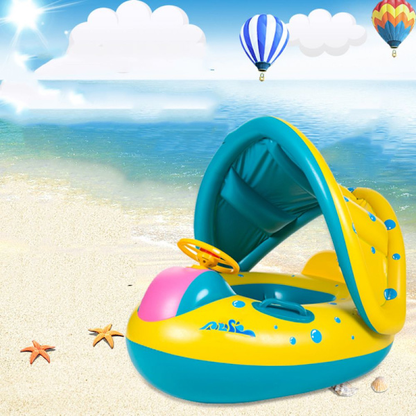 Baby flytring med UPF50+ solskyddstak & leksak, simhjälp för baby för poolen, justerbar säkerhetssits, småbarns pool flytring