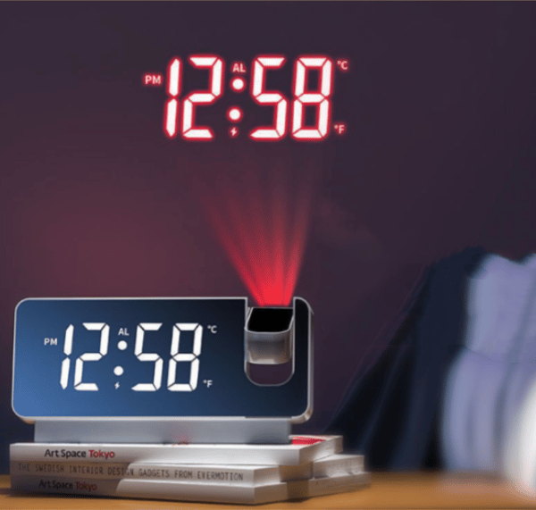 Vit projektionsväckarklocka, väckarklocka+tidsvisning, snooze, 1