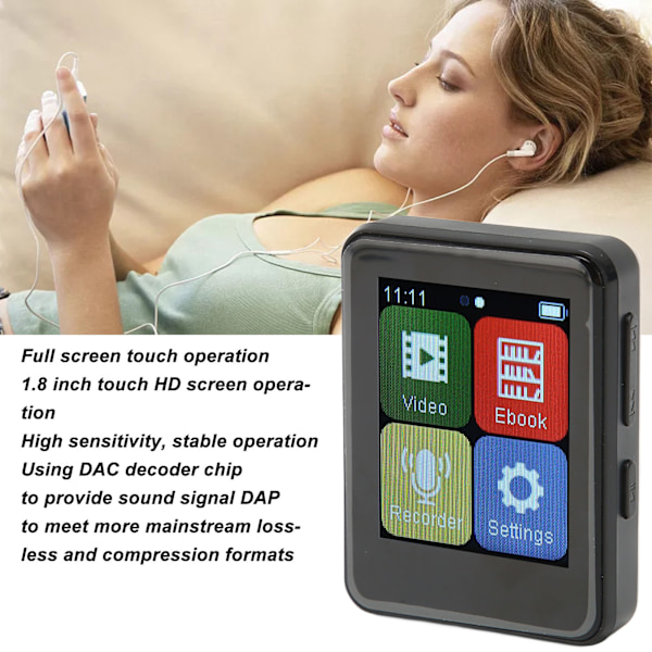 MP3-soitin Bluetooth 5.0 Älykäs HD-melunvaimennus FM-radio Sähköinen kirja 1,8 tuuman täyskosketusnäyttö MP3-soitin Musta 32 Gt muistikortti