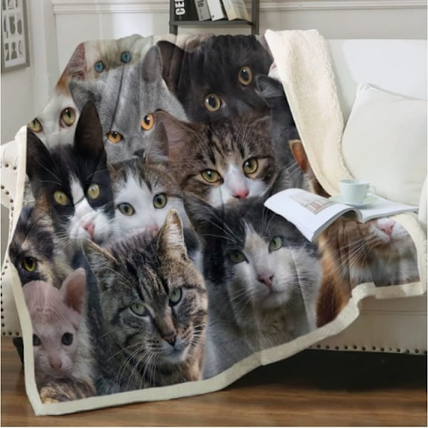 Filt med kattryck i flanell, presenter för kattälskare till kvinnor, kattungefilt för sovrum, soffa, söt kattdesign, mjuk varm flanellfilt
