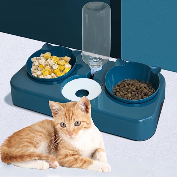 Katteskåler, Dyreskål, Dyreskål, Katteskål for Vann og Mat 3 i 1 Automatisk Vannutdeler Perfekt Tiltbar Beskyttende Hals for Katt og Hund (Blå)