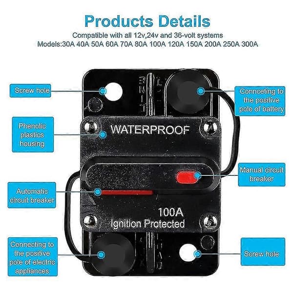 Vanntett Strømbryter, med Manuell Reset, 12v-48v Dc, 100a, for Bil Marine Trollingmotorer Båt Pr