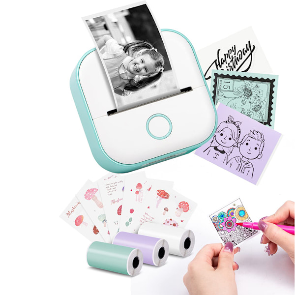 Mini etikettskrivare T02 Bärbar liten skrivare med 3 rullar papper, klistermärkesskrivare för studier, anteckningar, bilder, foton, dagböcker, gör-det-själv, kompatibel