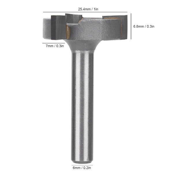 T-Formet Fræserbit 45# Kulstofstål 3-Skærende med Legeringsskærekrop 6mm Skaft Træbearbejdningsværktøj 6mm Skaft
