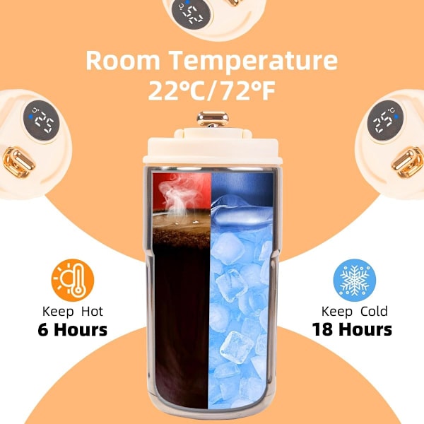 Smart Kaffe Termos, Temperaturdisplay, Rostfritt Stål Vakuumisolerad Resemugg, Läcksäkert Lock med Säkert Material, Kompakt och
