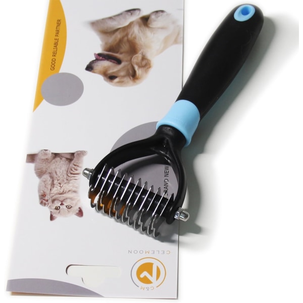 Dematting Comb Pet Dematting Comb/Rake Dobbeltsidig 6 + 11 Tenner, Profesjonell Underull Pels Stell Rake Knot Cutter for Katter & Hunder