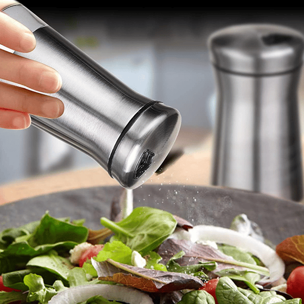 Profesjonelt, elegant design rustfritt stål shaker-sett, klare glasskropper for presis krydring