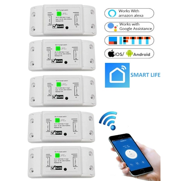 5 STK | Wifi WLAN Switch Smart Kontakt til Alexa APP-styring 2200W DHL