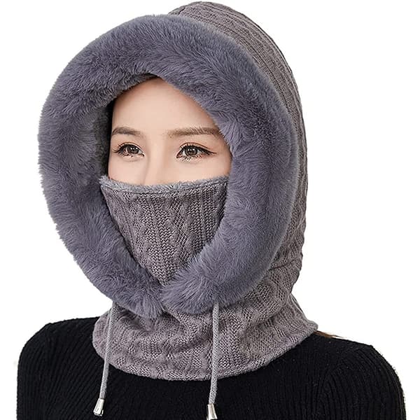 2 i 1 Vintermössa Stickad Mössa Varm Mössa Cirkelsjal Set Balaclava Vinterstickad Mössa med Fleecefoder för Kvinnor Vindtät Mössa Kylskydd Skidmössa Grau