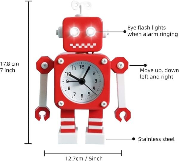 Röd robotväckarklocka, tyst väckarklocka i rostfritt stål med sp