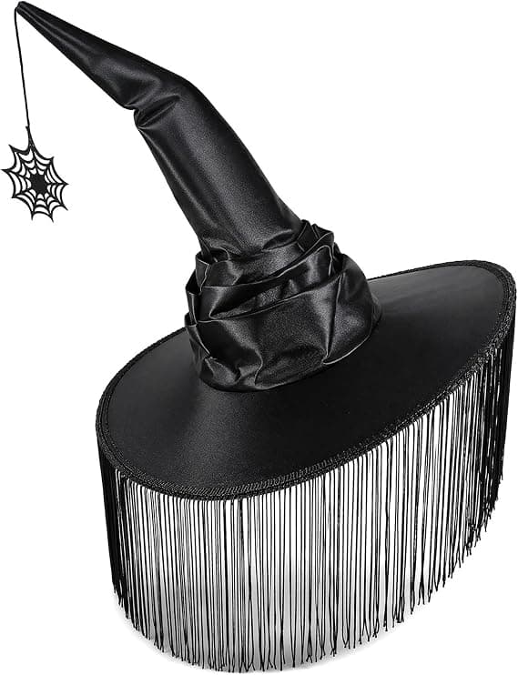 Halloween COS Troldmands-/Heksehat, Maskeradebal og Rollespilsfester, Sort Edderkoppespind Frynset Hat med Buet Skygge
