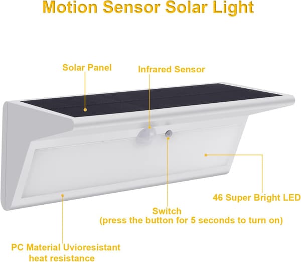 Monokrystallinsk silikon solcellepanel sikkerhetslampe, IP65 vanntett utendørs bevegelsessensorlys