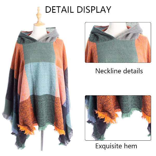 Dame Plaid Hetteskjerf Kappe Teppe Poncho Hetteskjerf