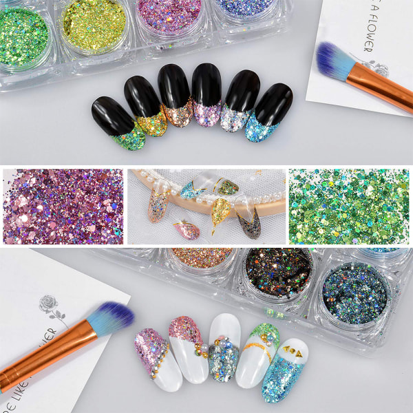 12 st glitterpulver glitterdamm kruka toppkvalitet hantverk nagelkonst färg fin regnbåge för alla naglar, ansikte för shellac gelnaglar akryl och vanlig
