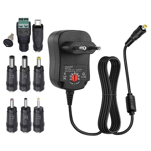 12W universell multispännings AC/DC-adapter med omkopplingsbar strömförsörjning och 8 valbara adapterkontakter, lämplig för enheter på 3 V till 12 V