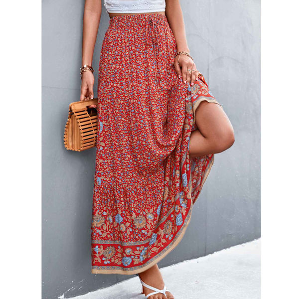 Rød XL Skjørt Høy Midje Blomstertrykk Elastisk Midje Swing Casual Maxi Skjørt for Kvinner