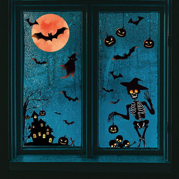 2 sarjaa Halloween-aiheisia seinätarroja: Punainen kuu, lepakko, linna, kurpitsa, haamu, luuranko