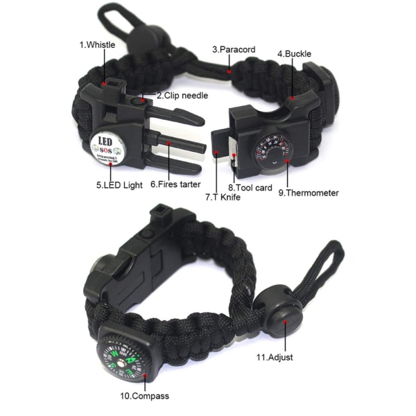 Overlevelses Paracord Armbånd 7-i-1 Taktisk Armbånd - Nød