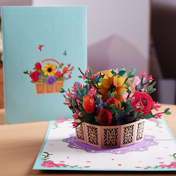 Hjärtvärmande Pop Up-gratulationskort, överraskningspresent till påsk och vår, elegant blomsterkorgsillustration, perfekt för mors dag och