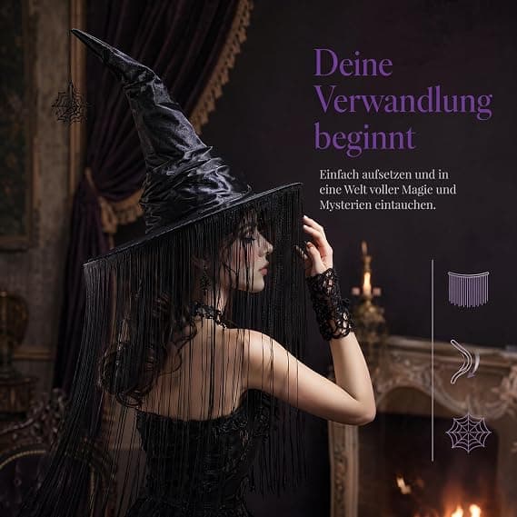 Halloween COS Troldmands-/Heksehat, Maskeradebal og Rollespilsfester, Sort Edderkoppespind Frynset Hat med Buet Skygge