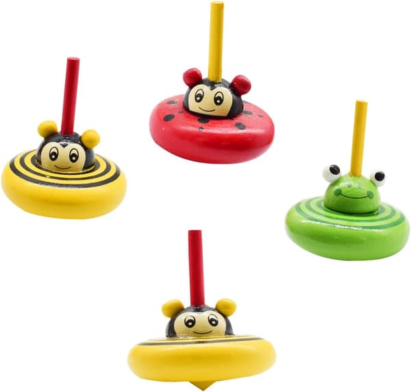10 st små träkändisar, Mini snurrande topp färgglada djur