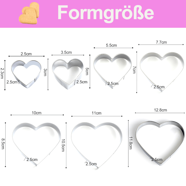 7 st kärleksformar i rostfritt stål för kakor