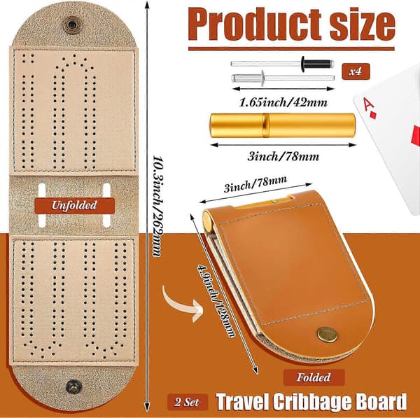 2 sæt bærbart Cribbage-brætspil i læder, rejsespil, hvert sæt med 4 metal-pinde, 1 mini-Cribbage-bræt, 2 baner